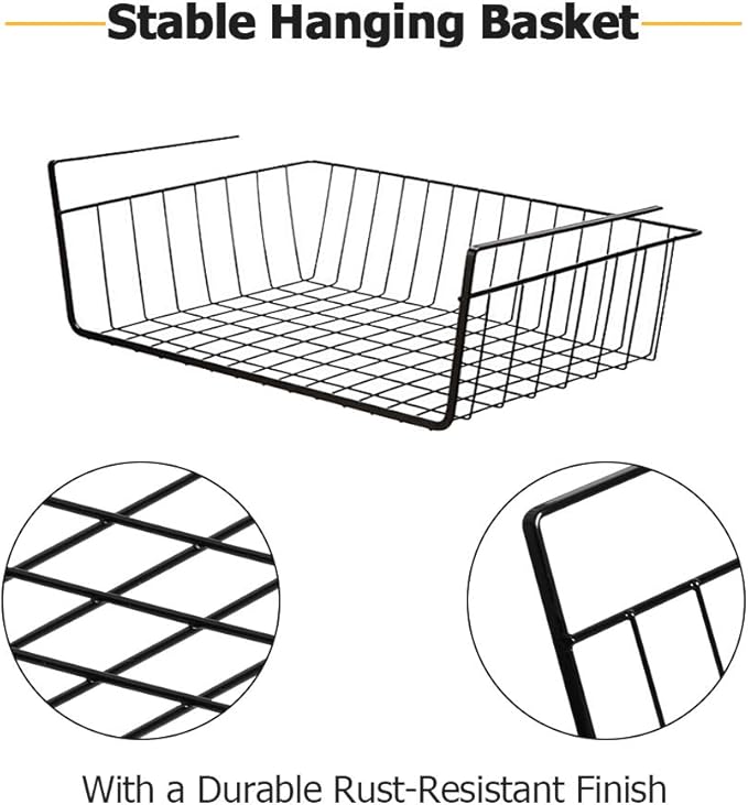 Dveda 4 Pack Under Shelf Basket, Under Cabinet Organizer Shelf, Durable Metal Wire Rack Hanging Basket Storage Rack, Shelf Organizing for Kitchen/Pantry/Bathroom/Desk-Slide Arms Height:1.45in(Black)