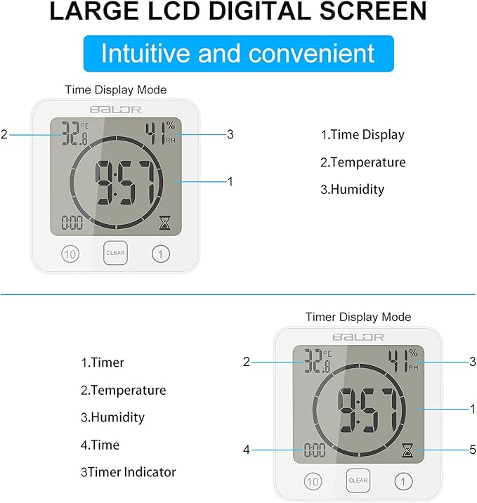 Digital Bathroom Shower Wall Clock, LCD Digital Wall Clock with Suction, Waterproof Temperature Humidity Gauge, Touch Screen Timer, Large Countdown Visual Timer (White)