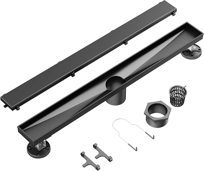 Neodrain 32-Inch Linear Shower Drain,with 2-in-1 Flat & Tile Insert Shiny Black Cover, Rectangle Shower Floor Drain, Floor Shower Drain with Adjustable Leveling Feet, Hair Strainer
