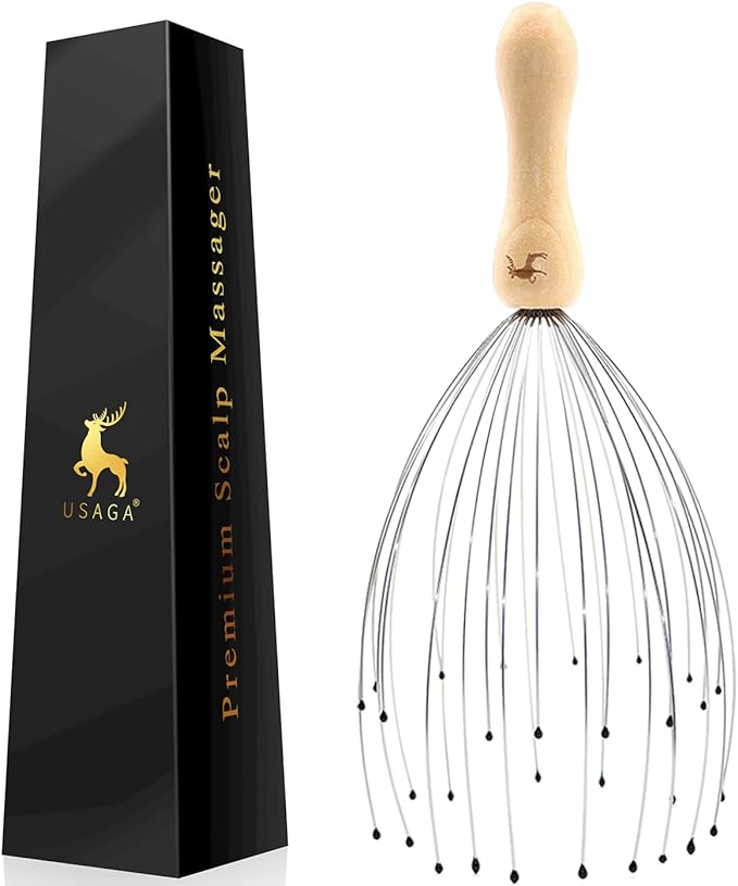 USAGA 32 Fingers Head Massager, Head Scratcher Scalp Massager, Stocking Stuffers Gift for Scalp Body Relaxing Wood Handle (1 Pack)
