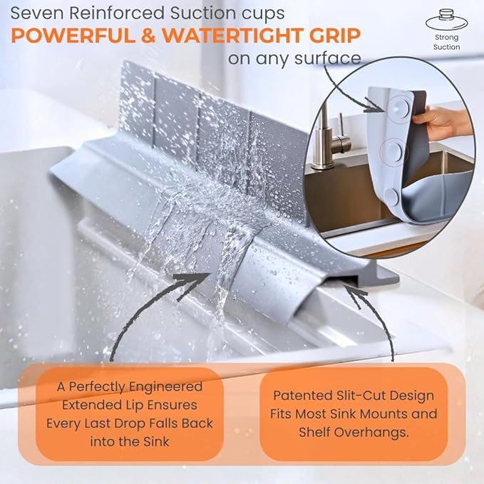 MessOut Extra Large Silicone Kitchen Sink Splash Guard 58x9x10cm– Non-Slip with Strong Suction, Non Crumble, non-harmful, Durable & Easy-to-Clean Protector for a Mess-Free Sink and Dishwashing (Grey)