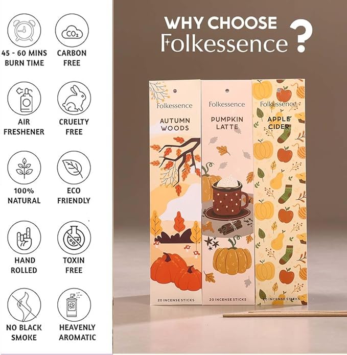 Folkulture Incense Stick Gift with Holder | Set of 3 Fall Incense Sticks with 45 Min Burn Time | Pumpkin Spice Inscents-Sticks | Organic & Non Toxic Fall Scents | Insense-Stick for Fall Essentials