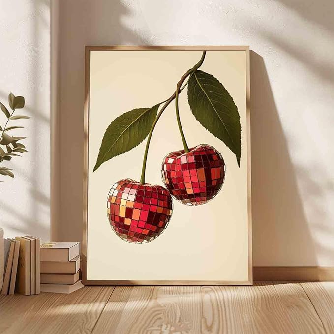 Disco Cherry Wall Art Disco Ball Picture Cherry Preppy Print Trendy Aesthetic Wall Art Preppy Aesthetic Pictures Red Picture Ball Funny Poster Dorm Girls Room Party Theme Bar Decor 16x24inch No Frame