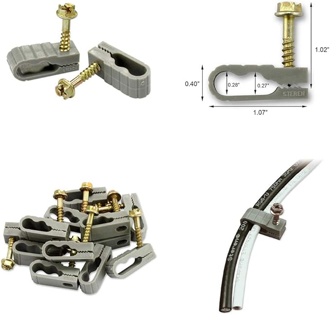 STEREN Coaxial Cable Clips - Cable Holder - Wire Clips - Siding Clips for Hanging - Cord Holder for Desk - Cable Clamps - Cord Clip - Wire Organizer Clips - TV Mount Screws - Gray - 10 Pack