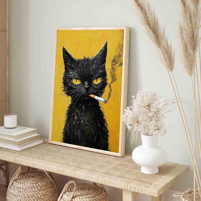 Black Cat Canvas Wall Art Smoking Cat Picture Abstract Animals Prints Vintage Cats Poster Retro Animal Prints Animal Portrait Painting Funny Cats Posters Funky Living Room Decor 16x24inch No Frame