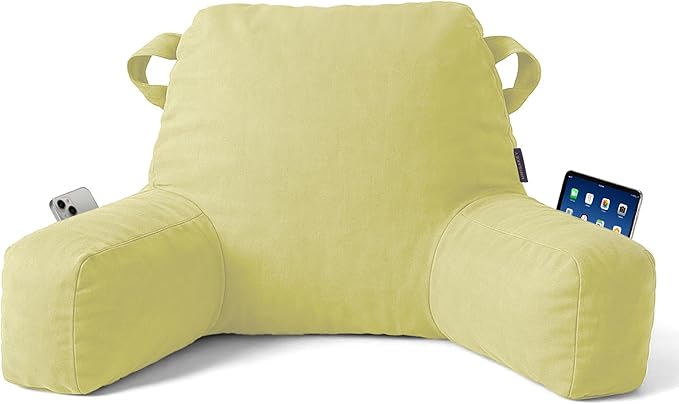 Portable Comfy Reading Pillows for Bed Sitting Up(Yellow Oeko-Tex), Velvet Back Pillow with Arms & Pockets for Adults, Support Memory Foam Bed Pillow for Dorm/Reading/Watching/Gaming