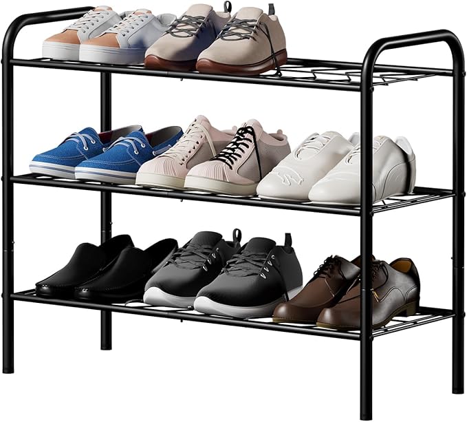 3-Tier Metal Shoe Rack, Free Standing Shoe Storage Rack for Entryway, Closet and Hallway (Black, 3-Tier-Short)
