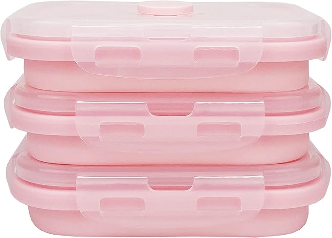 CCyanzi 3-piece Collapsible Food Storage Containers with Lids, Silicone Lunch Container, Microwave & Freezer Safe, Space-Saving for Kitchen Cabinet and Camping Backpack (Pink)