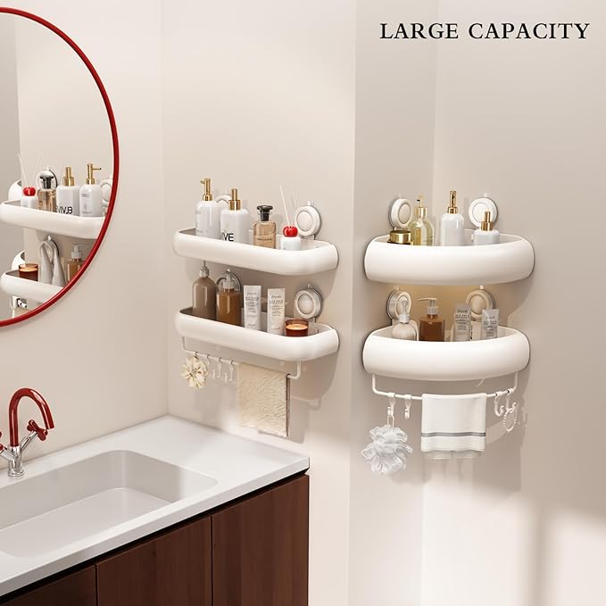 Shower Caddy Suction Cup, 2 Pack No Drilling Corner Shower Shelves, Rust Proof Bathroom Storage Organizer, Shower Corner Caddy with Removable Hooks and Towel Bar, Triangle, White