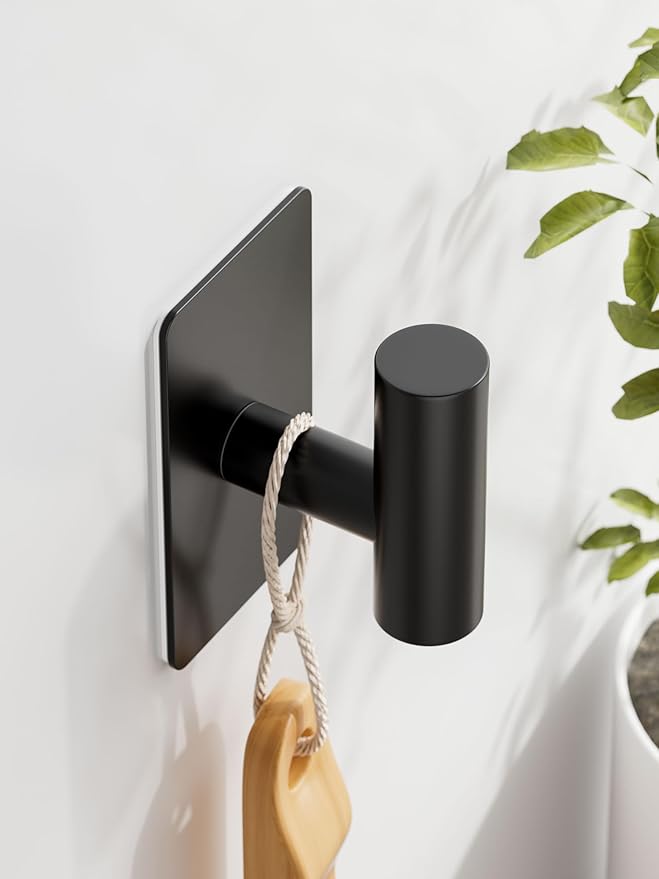 GWAAZXGZ Towel Hooks for Bathrooms – 2 Pack, Matte Black Finish, T-Shaped Stainless Steel Adhesive Wall Hooks for Robes & Towels in Kitchen, Shower, or Closet
