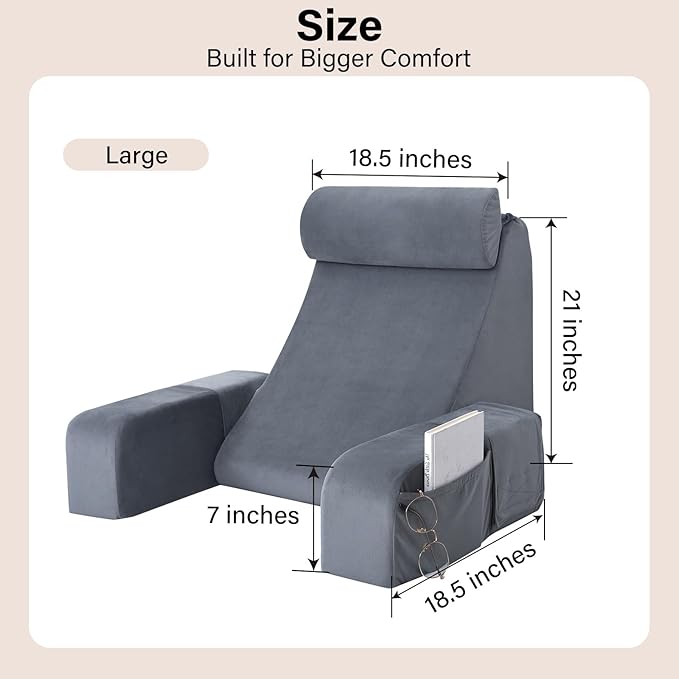 ENITYA Reading Pillow with Arms for Bed Support, 21" Large Back Support Pillow for Sitting up, Wedge Pillow for Reclining, Watching TV, Reading, Gaming, Resting in Bed, Couch or Floor, Grey