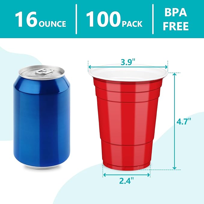 LANLISA 100 Red Plastic Cups, 16 oz Disposable Cups, Drinking Cups For Valentines Day, Christmas Party Supplies