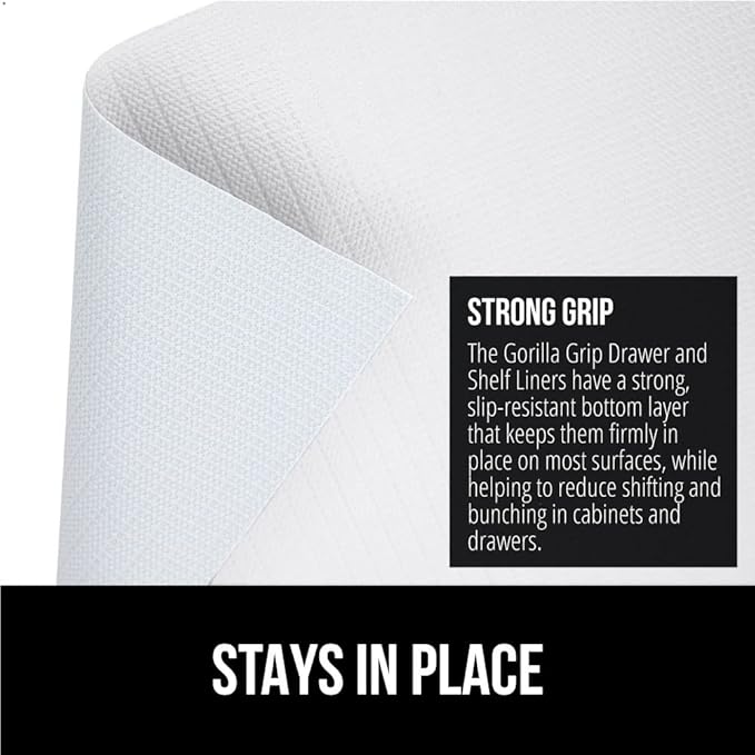 GORILLA GRIP DripGuard Shelf Liner, Non-Adhesive Drawer and Kitchen Cabinet Protector, Strong Grip Slip Resistant Underside, Smooth Surface Liners for Cabinets, Bathroom Closets, 17.5x240 Inch, White