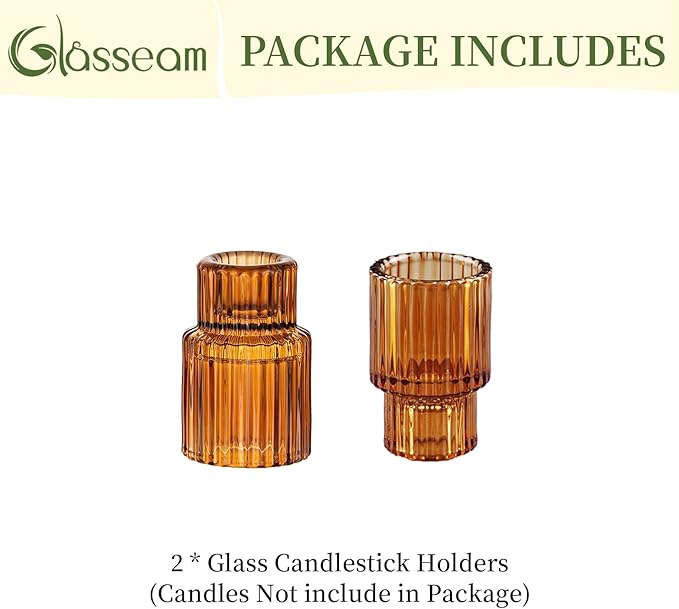 Glasseam Glass Tapered Candlestick Holders: Amber Taper Candle Holders Set of 2 Ribbed Small Candle Stick Holder for Table Centerpiece Fall for Christmas Party Halloween Thanksgiving Decor