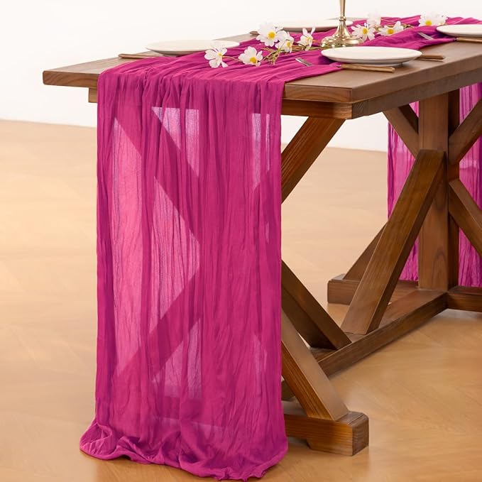 Socomi 3pcs Hot Pink Summer Cheesecloth Table Runner Boho Rustic Gauze 120 inch 10FT Cheese Cloth Sheer Runner for Wedding Party Baby Shower Birthday Home Decor