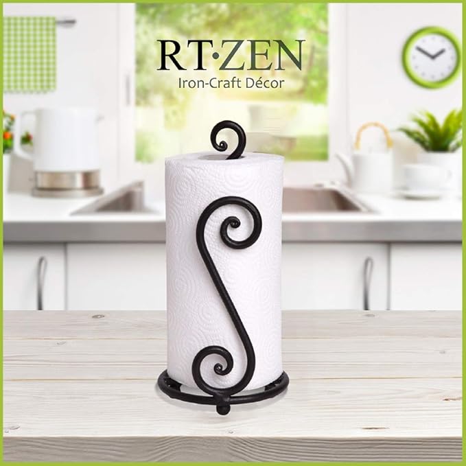 RTZEN Matte Black Paper Towel Holder Countertop - Decorative Farmhouse Paper Towel Roll Holder - Rustic Metal Modern Stand for Kitchen or Bathroom (Swirl)