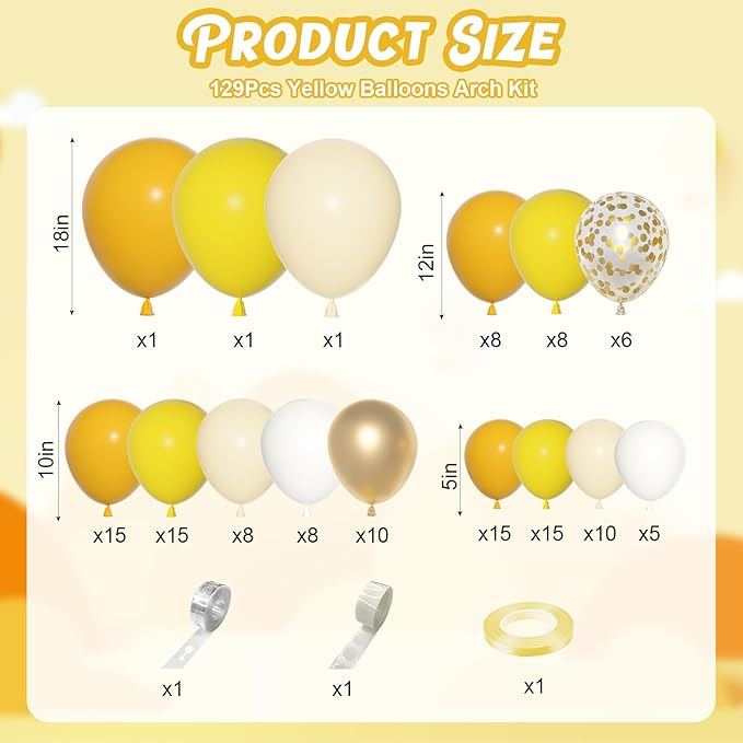 Ouddy Party Yellow Gold Balloons Arch Garland Kit, Different Sizes 18 12 10 5 Inch Mustard Pastel Yellow White Latex Metallic Confetti Balloon for Sunflower Bee Baby Shower Birthday Party Decorations
