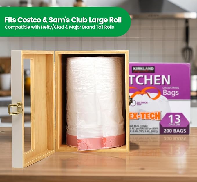 Libreshine Extra Large White Bamboo Trash Bag Holder Dispenser, Fits Costco & Sam's Club Jumbo Rolls, Under-Sink, Cabinet & Wall Mount Organizer, Garbage Bag Storage for Kitchen, Pantry, Garage