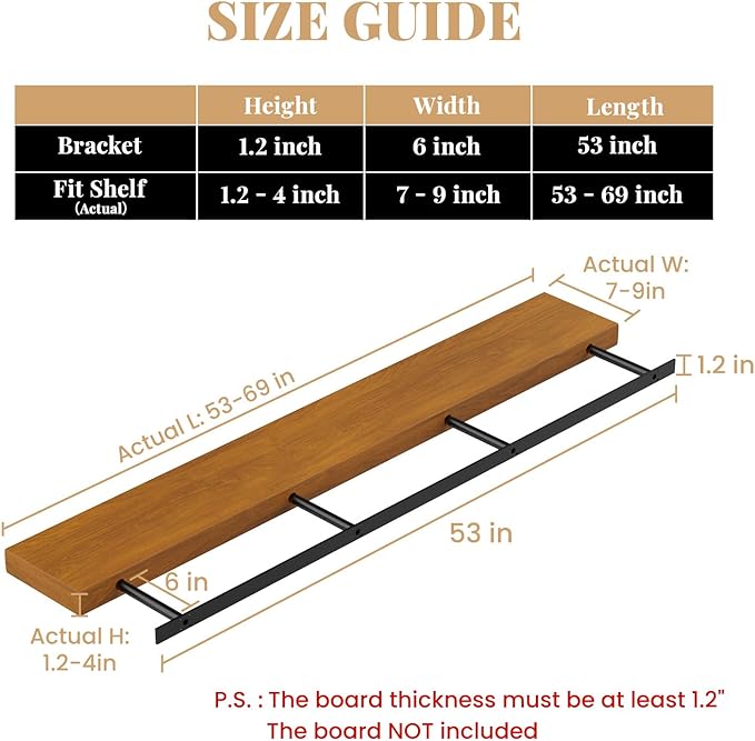 Floating Shelf Bracket Heavy Duty Shelving Brackets, Decorative Floating Shelf Hardware Black, Hidden Metal Shelf Support Bracket Heavy Duty Floating Mantel Bracket (53X6X1.2-Starter Jig)
