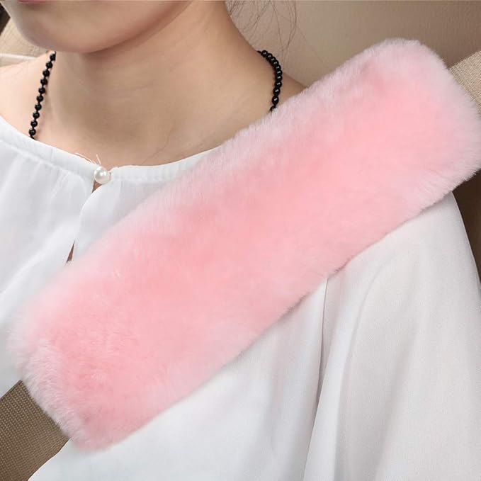 OGLAND 2 Pack Automotive Authentic Sheepskin Car Seat Belt Pads, Soft Shoulder Pad, Neck Cushion Protector, Genuine Natural Merino Wool (Korean Pink)