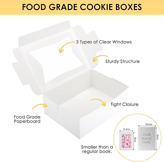 Moretoes 48pcs Cookie Boxes with Window, 8x6x2.5 Inch 3 Style Pastry Boxes for Treat, Chocolate Covered Strawberries, Candy, Muffins, Donuts