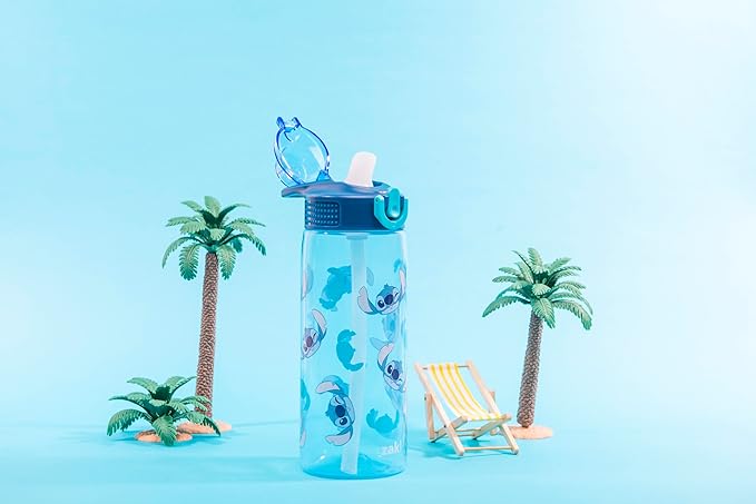 Zak Designs Disney Sage Water Bottle For School or Travel, 25oz Durable Plastic Water Bottle With Straw, Handle, and Leak-Proof, Pop-Up Spout Cover (Stitch)