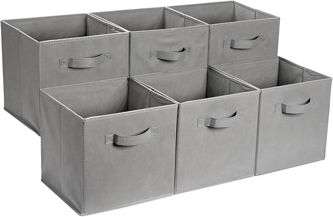 Amazon Basics Collapsible Fabric Storage Cube Bins Organizer with Handles, Sturdy, Gray, 13 x 13 x 13 Inch, Pack of 6