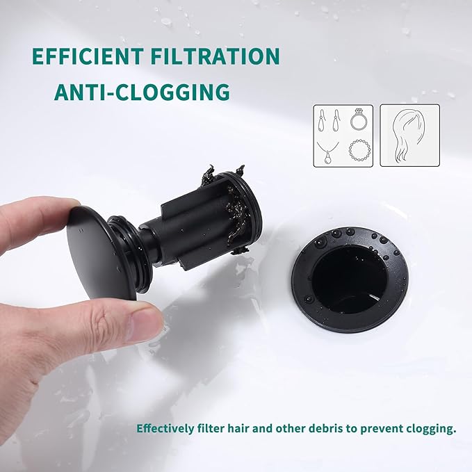 SevenGelok Black Sink Drain with Overflow Pop Up Sink Drain Stopper for Sink Faucet Vessel Vanity Bathroom Sink Drain Strainer with Hair Catcher Anti-Clog Strainer Matte Black, SD30-BK