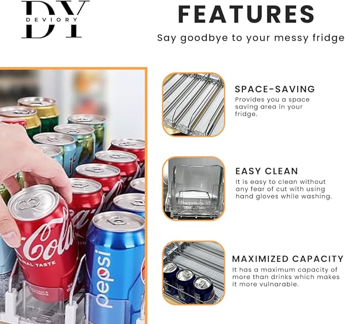 Deviory - Soda Can Organizer with Automatic Can Pusher | Refrigerator Drink Organizer | Beverage Dispenser for Soda, Cans and Bottles | Space-Saving | Stainless Steel | Adjustable Sizes | 6 Rows