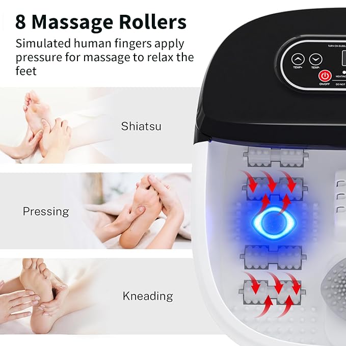 Foot Spa Bath Massager with Heat - Ozone and Blue Light Foot Soaking Tub, Epsom Salt, Adjustable Temperature, Bubble and 8 Rollers, Birthday Gift for Mom Dad