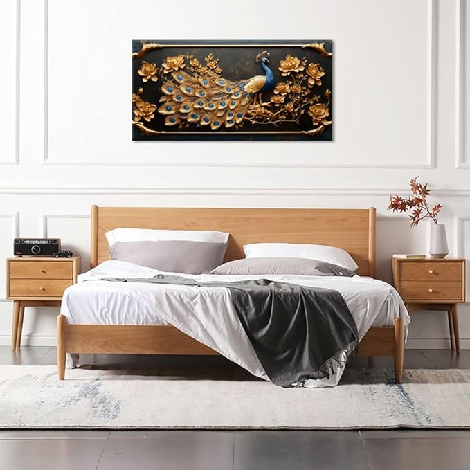 ZESTRILIA Pretty Peacock Wall Art for Living Room Office Gold Country Rustic Retro Asian Canvas Painting Prints Golden Vintage Elegant Peackock Artwork Dining Bedroom Decor Large (46x23 Inches)