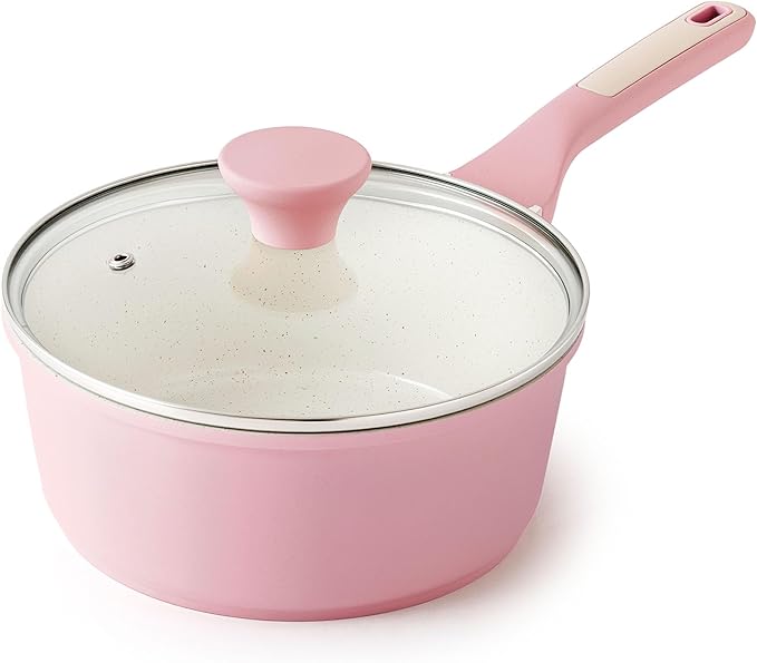 SENSARTE Ceramic Nonstick Saucepan with Lid 1.5 Quarts, Small Kitchen Cooking Pot with Stay Cool Handle, Induction Compatible, Ceramic Coating, Free of Intentionally Added PTFE/PFOA/PFAS, Sakura Pink