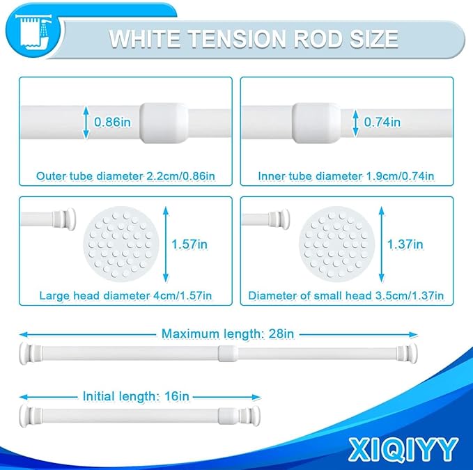 Small Tension Rods 16 to 28 inch ,Adjustable Shower Spring Tension Rod Short for Windows,Closet,Curtain,Doorway,Upgrade Diameter 1 inch,White
