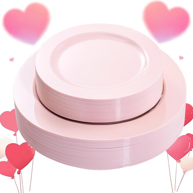 FLOWERCAT 60PCS Pink Plastic Plates - Heavy Duty Pink Disposable Plates for Easter Party & Valentine's Day/Wedding - Serving 30 Guests, Includes 30PCS 10.25inch & 30PCS 7.5inch