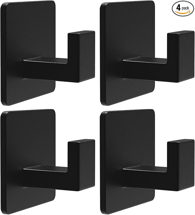 VAEHOLD 4 Pack Adhesive Towel Hooks, Heavy Duty Wall Hooks Aluminum Hooks Stick on Door, Kitchen, Bathroom for Hanging Coat, Hat, Towel, Robe, Clothes (Black)