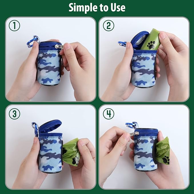 FURHAB Dog Poop Bag Holder for Leash Doggie Waste Bag Dispenser Puppy Potty Carrier Small Doggy Zipper Pouch with Carabiner Clip 1680D Nylon Oxford with 1 Roll of Pet Trash Bags, Sky Blue Camo