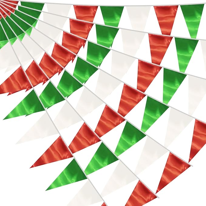 20M/65FT White Green Red Triangle Pennant Banner Flag Metallic Fabric Bunting Garland for Christmas Italy Mexican Birthday Baby Shower Wedding Banners,New Years Winter Decor Ouruola