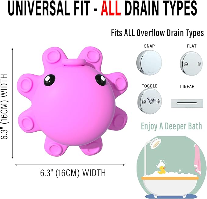 Bathtub Overflow Drain Cover - Tub Overflow Drain Cover, Soak Bath, Spa Accessories - Adds Inches of Water for Deeper Bath (Silicone, Hot Pink)