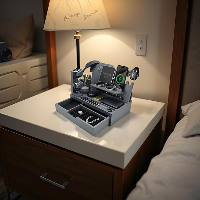 Nightstand Organizer for Men with Large Drawer, Birthday Gifts for Men, Phone Docking Station, Bedside Organizer for Nightstand for Apple Watch, Laptop (Grey, Solid Wood)