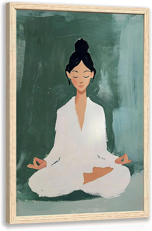 GELDSTEI Wood Framed Zen Wall Art, Tranquil Meditation Wall Decor, Yoga Girl Canvas Painting, Spiritual Aesthetic Picture, Calming Mindfulness Poster Print for Living Room Spa Yoga Studio 12"x16"