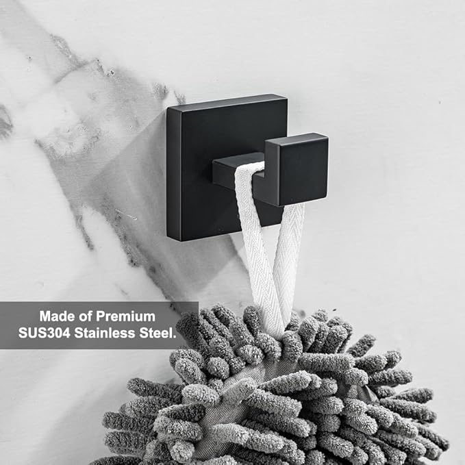 Hiuqixe Matte Black Towel Hooks 2 Pack, SUS304 Stainless Steel Bathroom Robe Hook, Heavy Duty Modern Square Coat Holder, Rustproof, Anti-Rotation Wall Mount for Hand Towels & Bath