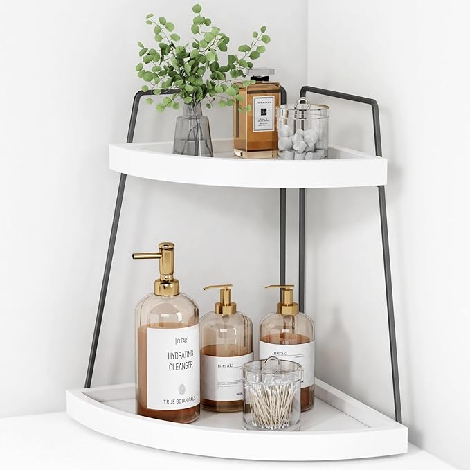 Forbena Corner Bathroom Organizer Countertop, 2Tier Sink Corner Shelf Stand for Kitchen Counter, Modern Coffee Bar Organizer Station, Round Vanity Tray for Men Desk Organization -White and Grey