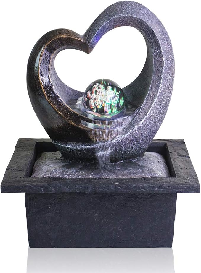 Ferrisland Tabletop Water Fountain, Zen Meditation Indoor Waterfall Fountain, Heart Shape Decoration with LED Light for Home Office Bedroom Relaxation Decor, Gift Ideas