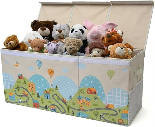Extra Large Toy Storage Organizer with Lid - Sturdy, Collapsible Toy Chest Storage Box with Cute Design - Toys Bin with Dividers for Kids, Boys, Girls, Nursery, Bedroom, Play room 37"x16"x14"