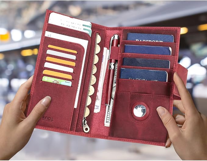 CONTACTS Full Grain Leather Family Passport Holder for 4 Women Airtag Passport Wallet RFID Blocking Travel Passport Cover with 4 Passport Slots, 6 Card Slots (Red)