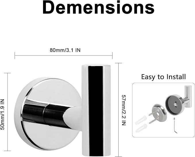 NearMoon Bath Towel Hooks - SUS 304 Stainless Steel Robe Hook Holder, Heavy Duty Coat Hook for Bathroom, Living Room, Hotel, Kitchen, Garage, Wall Mounted (Chrome Finish, 4 Pack)