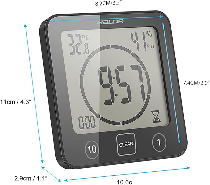 Digital Bathroom Shower LCD Wall Clock with Suction, Waterproof Temperature Humidity Gauge, Touch Screen Timer, Large Countdown Timer (Black)