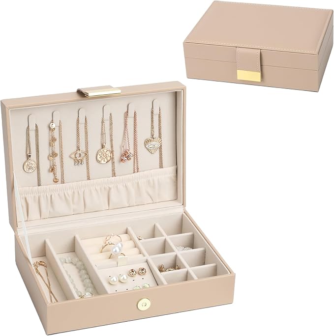 Leather Jewelry Box Elegant Small Jewelry Chest for Women Gift Box for Necklace, Ring, Earring Storage Portable Design for Travel Home Use Apricot