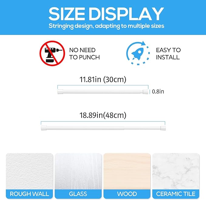 2 Pack Spring Tension Rods 12-18 Inches, 5/8 Inch Diameter White No Drill Spring Loaded Adjustable Extendable, Small Short Tension Curtain Rod for Windows Kitchen Doorway Closet Cupboard