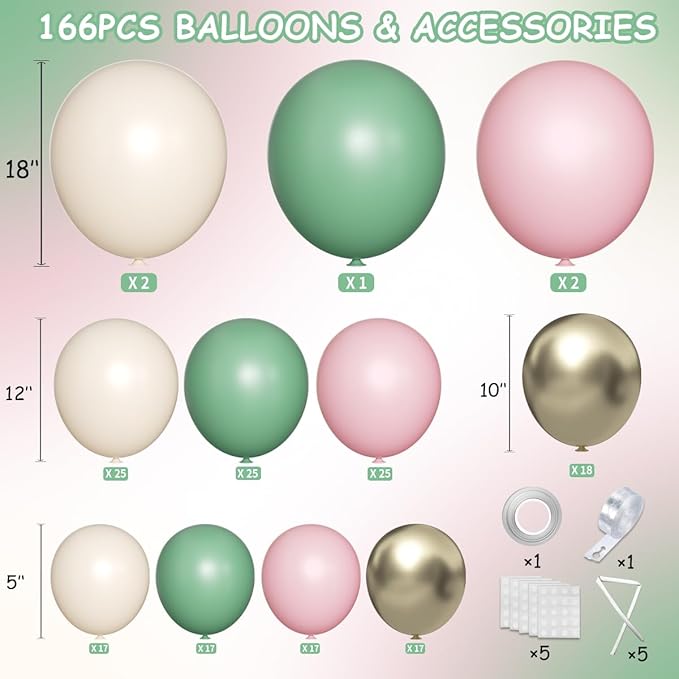 MEBAY Sage Green Pink Balloon Arch Kit, 166Pcs Olive Green Blush Pink Metallic Gold White Sand Balloons Garland for Baby Shower Wedding Birthday Jungle Safari Woodland Party Decorations